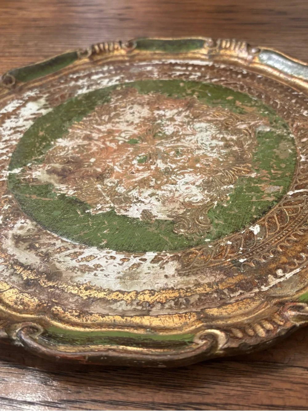 Vintage Italian Florentine Gilt Tray Green Gold Ornate Rococo Tole Style 13”